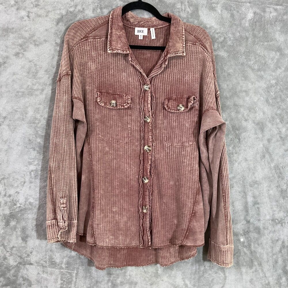 BKE Waffle Knit Henley Top Shacket M Brick Red Long Sleeve Button Up Boyfriend